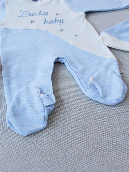 0-3 3-6 Ay Lucky Baby Nakışlı Es Çizgi Boy Şapkalı Erkek Bebek Tulumu Mavi - 3