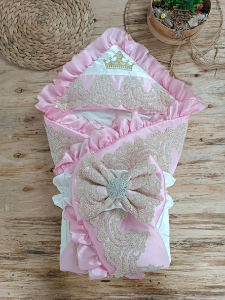 Yenidoğan Grand Lüks Kelebek Ağır Güpür İşlemeli Şapkalı Bebek Battaniyesi Kundak Pembe ürün görseli