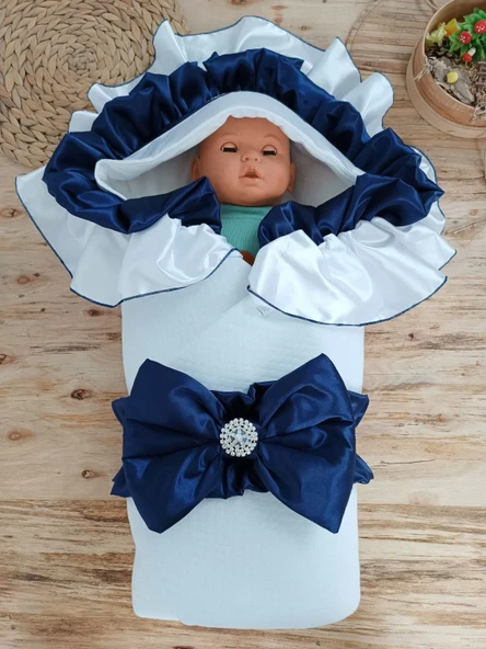 Yenidoğan Mehtap Lüks Kelebek Taç Nakışlı Bebek Battaniyesi Kundak Lacivert - Resim 2