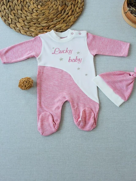 0-3 3-6 Ay Lucky Baby Nakışlı Es Çizgi Boy Şapkalı Kız Bebek Tulumu Pembe