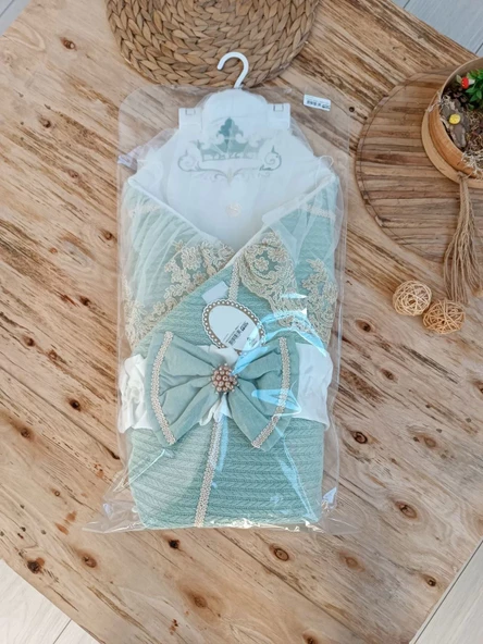 Yenidoğan Tericotton Örgülü Trilüx Bebek Battaniyesi Kundak Yeşil - Resim 5