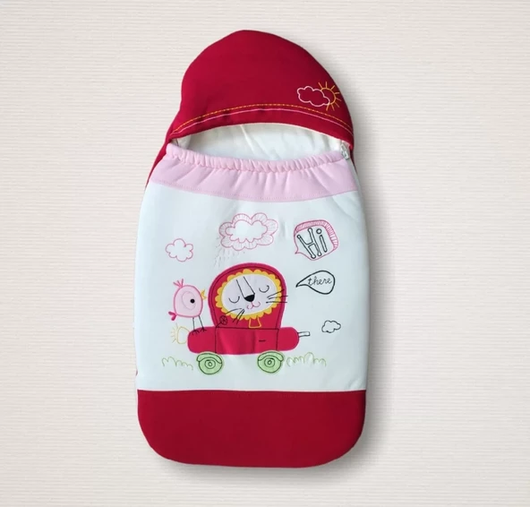 Yenidoğan Arabalı Aslan Nakışlı Fermuarlı Şapkalı Klasik Kundak Bebek Battaniyesi Pembe ürün görseli