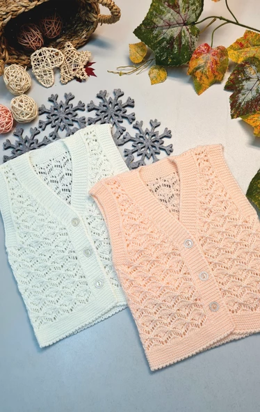 Kız Bebekler İçin Kışlık Triko 2 Adet Krem Pembe Yelek - 2