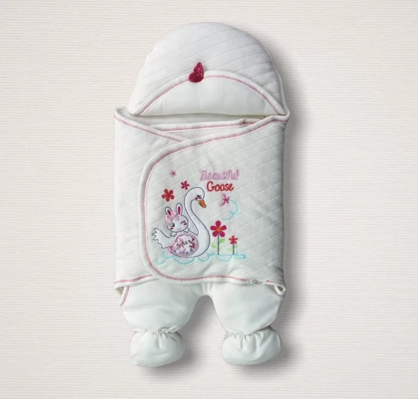 Yenidoğan Çiçekli Ördek Nakışlı Şapkalı Kız Bebek Ayaklı Kundak Bebek Battaniyesi Ekru ürün görseli