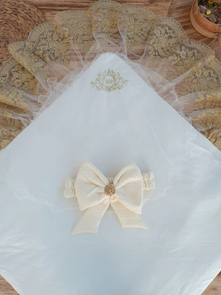 Yenidoğan Piramitland Taşlı Gold Güpür İşleme Bebek Battaniyesi Kundak Ekru - Resim 2