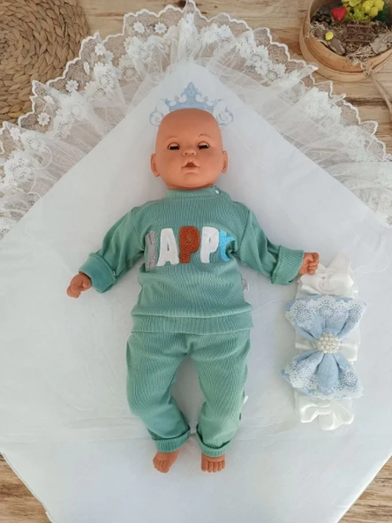 Yenidoğan Teri Cotton Taç Nakışlı Prizma Taş Kundak Bebek Battaniyesi Mavi - Resim 4