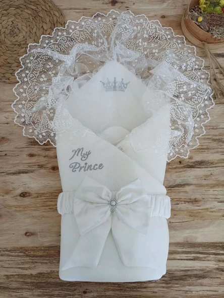 Yenidoğan Sahra Taç Benim Prensim Nakışlı Kundak Bebek Battaniyesi Ekru ürün görseli