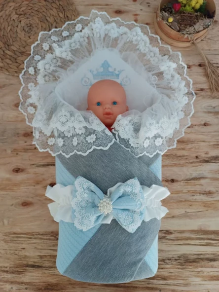 Yenidoğan Teri Cotton Taç Nakışlı Prizma Taş Kundak Bebek Battaniyesi Mavi - Resim 2