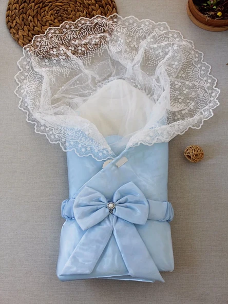 Yenidoğan Kumru İnci Fiyonk Kristal Parlak Duvaklı Kundak Bebek Battaniyesi Mavi - Resim 2