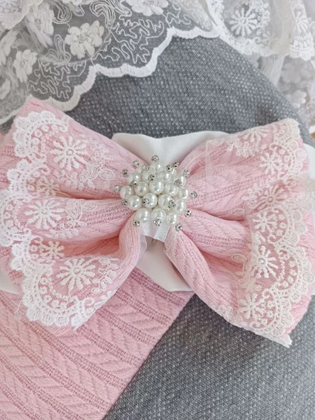 Yenidoğan Teri Cotton Taç Nakışlı Prizma Taş Kundak Bebek Battaniyesi Pembe - Resim 7