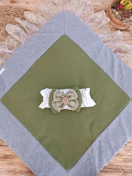 Yenidoğan Teri Cotton Taç Nakışlı Prizma Taş Kundak Bebek Battaniyesi Yeşil - Resim 4