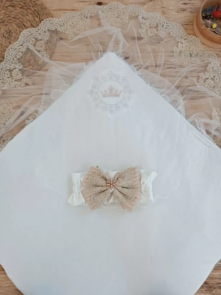 Yenidoğan Teri Cotton Taç Nakışlı Prizma Taş Kundak Bebek Battaniyesi Bej - Resim 5