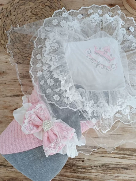 Yenidoğan Teri Cotton Taç Nakışlı Prizma Taş Kundak Bebek Battaniyesi Pembe - Resim 3