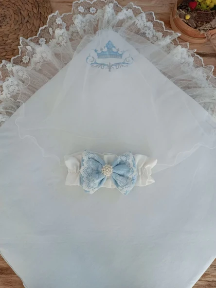 Yenidoğan Teri Cotton Taç Nakışlı Prizma Taş Kundak Bebek Battaniyesi Mavi - Resim 3