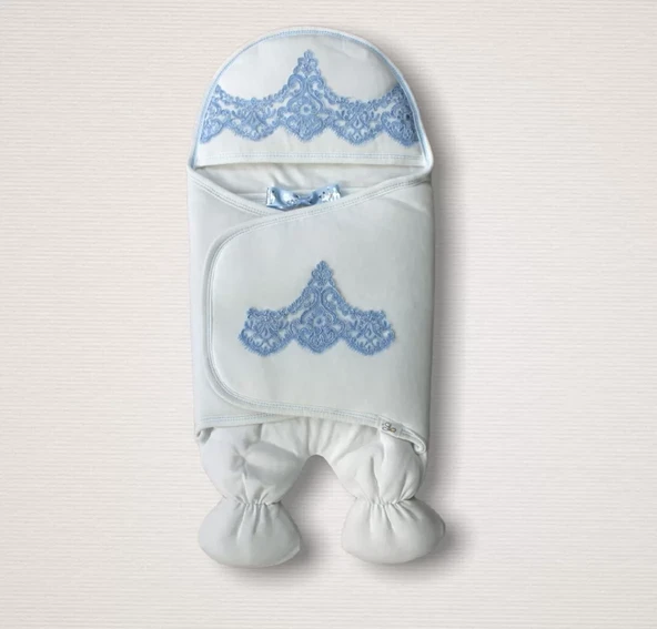 Yenidoğan Fistolu Fiyonk Kurdelalı Şapkalı Lüks Kız Erkek Bebek Ayaklı Kundak Bebek Battaniyesi Mavi ürün görseli