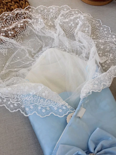 Yenidoğan Kumru İnci Fiyonk Kristal Parlak Duvaklı Kundak Bebek Battaniyesi Mavi - Resim 3