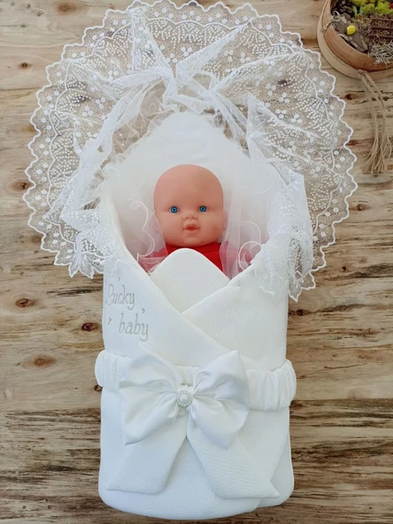 Yenidoğan Sahra Lucky Baby Nakışlı Kundak Bebek Battaniyesi Ekru - Resim 2