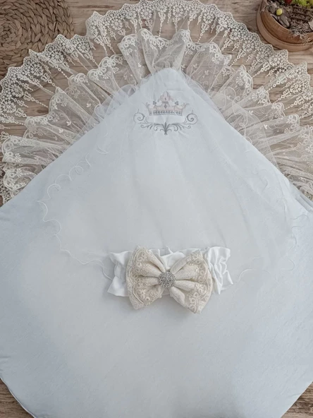 Yenidoğan Teri Cotton Taç Nakışlı Prizma Taş Kundak Bebek Battaniyesi Krem - 5