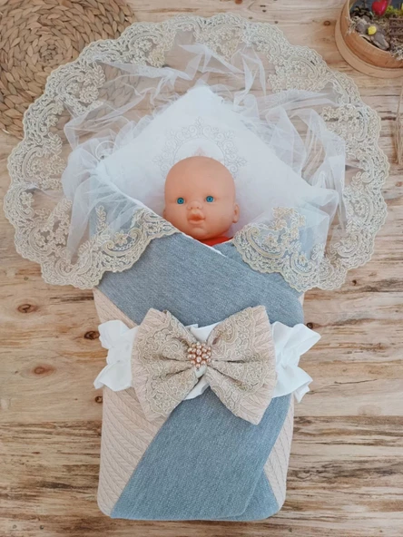 Yenidoğan Teri Cotton Taç Nakışlı Prizma Taş Kundak Bebek Battaniyesi Bej - Resim 3