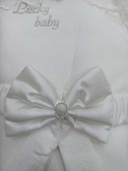 Yenidoğan Sahra Taç Lucky Baby Nakışlı Kumru Kundak Bebek Battaniyesi Ekru - 3