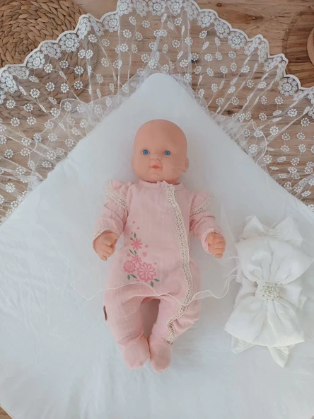 Yenidoğan Ay Işığı Papatya Dantelli Taşlı Fiyonk Bebek Battaniyesi Kundak Ekru - Resim 4