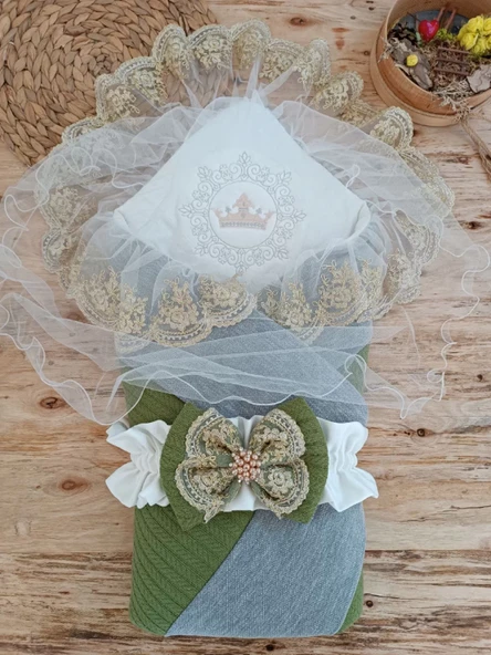 Yenidoğan Teri Cotton Taç Nakışlı Prizma Taş Kundak Bebek Battaniyesi Yeşil ürün görseli