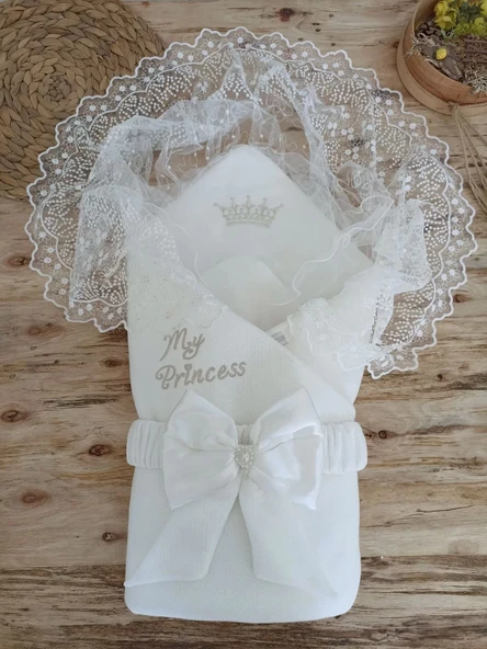 Yenidoğan Sahra Taç Benim Prensesim Nakışlı Kundak Bebek Battaniyesi Ekru - Resim 2