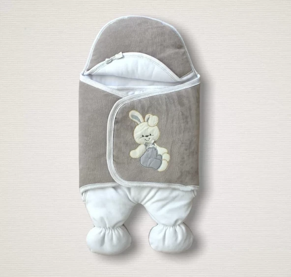 Yenidoğan Kadife Kumaş Ayıcık Nakışlı Şapkalı Kız Erkek Bebek Ayaklı Kundak Bebek Battaniyesi Kahverengi ürün görseli