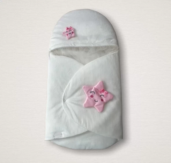 Yenidoğan Çift Yıldız Detaylı Şapkalı Duvaklı Kız Bebek Klasik Kundak Bebek Battaniyesi Ekru ürün görseli