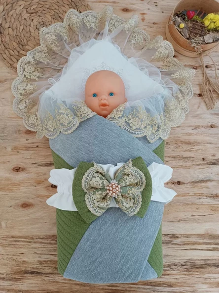 Yenidoğan Teri Cotton Taç Nakışlı Prizma Taş Kundak Bebek Battaniyesi Yeşil - Resim 2