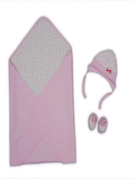Yenidoğan Baskılı Double Face Şapka Ve Patikli 3lü Bebek Battaniye Takımı Pembe - Resim 2
