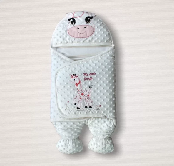 Yenidoğan Zürafa Nakışlı Şapkalı Kız Erkek Bebek Ayaklı Kundak Bebek Battaniyesi Pembe ürün görseli