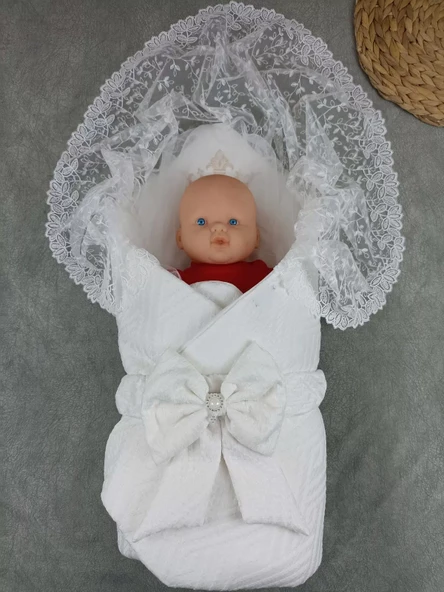 Yenidoğan Kumru Plazma Taçlı Lüks Kundak Bebek Battaniyesi Ekru - Resim 2