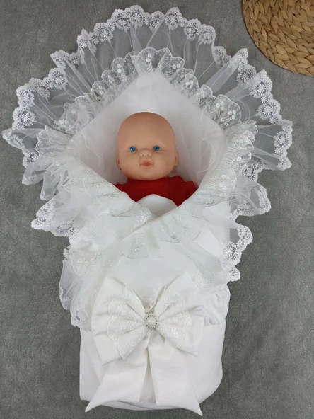 Yenidoğan Bambu Taç Nakışlı Delüks Kundak Bebek Battaniyesi Ekru - Resim 2