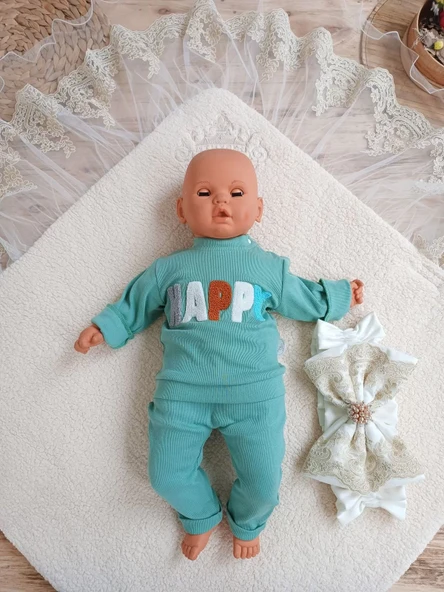 Yenidoğan Kuzulu Taç Nakış Güpürlü Fiyonklu Duvaklı Prizma Taş Unisex Kundak Bebek Battaniyesi Bej - Resim 3