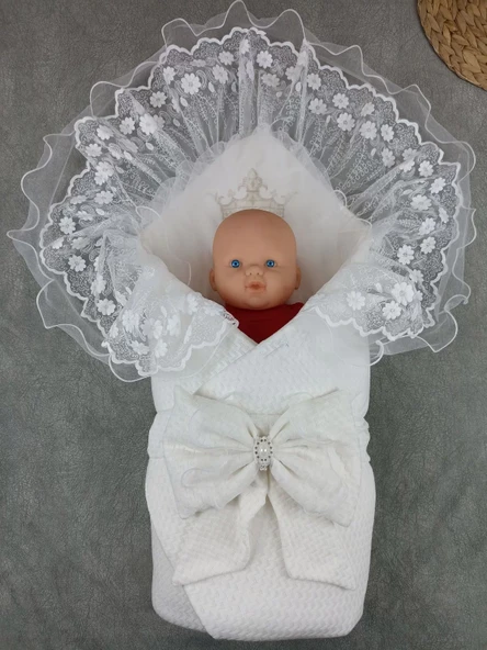 Yenidoğan Kumru Soft Cotton Taç Nakışlı Trilüks Kundak Bebek Battaniyesi Ekru - Resim 2