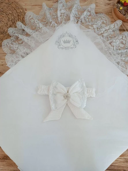 Yenidoğan Pamuk Taç Benim Prensim Nakışlı Trilüks Kundak Bebek Battaniyesi Ekru - Resim 3