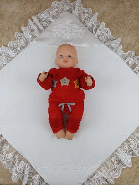 Yenidoğan Pırıltı Nakış Detaylı Lüks Kundak Bebek Battaniyesi Ekru - Resim 4