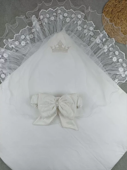 Yenidoğan Kumru Soft Cotton Taç Nakışlı Trilüks Kundak Bebek Battaniyesi Ekru - Resim 3