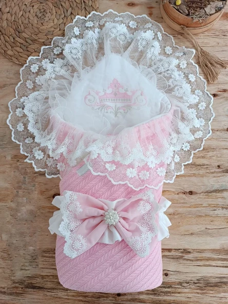 Tericotton Taç Nakışlı İncili Güpür Çift Fiyonk Papatya Güpür Trilüks Kundak Bebek Battaniyesi Pembe ürün görseli