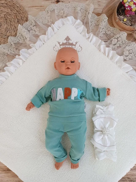 Yenidoğan Wool Yün Kumaş Taç Nakışlı Güpür Duvaklı Fiyonk Prizma Taş Unisex Kundak Bebek Battaniyesi Kahverengi - Resim 4