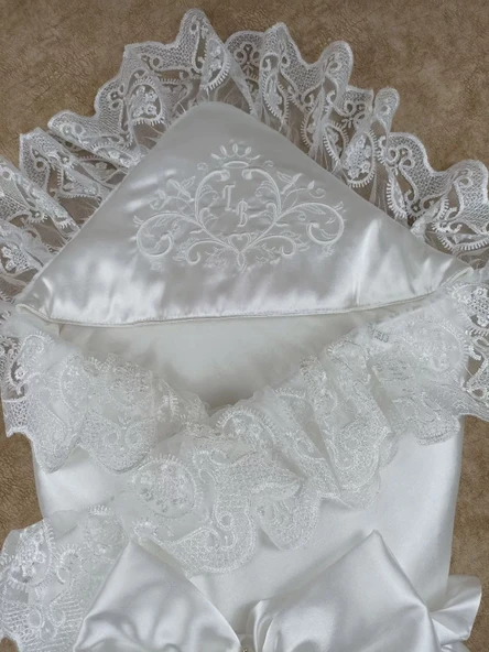 Yenidoğan Pırıltı Nakış Detaylı Lüks Kundak Bebek Battaniyesi Ekru - Resim 5