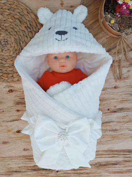 Yenidoğan Beyaz Wool Yün Kumaş Ayıcık Kulaklı Kundak Bebek Battaniyesi Beyaz - Resim 2