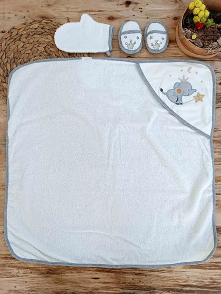 0-1 Yaş Sevimli Fil Nakışlı Pareolu 4lü Kız Erkek Bebek Havlu Silgi Takımı Ekru - Resim 5