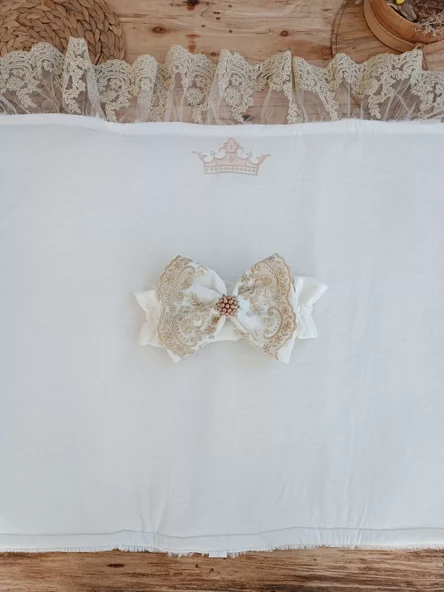 Yenidoğan Beyaz Wool Yün Kumaş Taç Nakışlı Trilüks Kundak Bebek Battaniyesi Beyaz - Resim 4