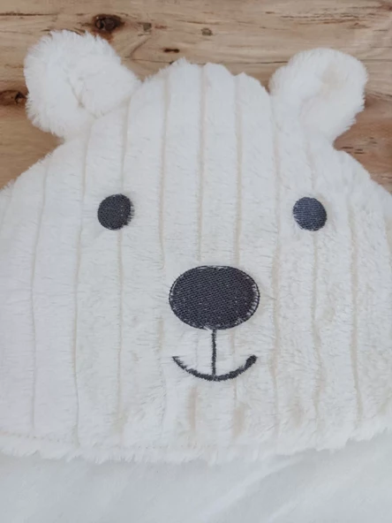 Yenidoğan Beyaz Wool Yün Kumaş Ayıcık Kulaklı Kundak Bebek Battaniyesi Beyaz - Resim 6