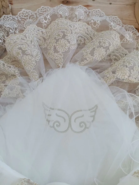 Yenidoğan Sahra Taç Nakışlı Gold Angel Trilüks Kundak Bebek Battaniyesi Ekru - Resim 2