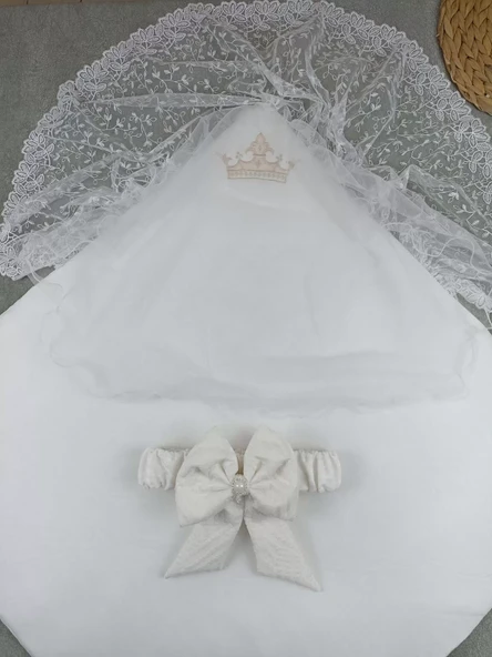 Yenidoğan Kumru Plazma Taçlı Lüks Kundak Bebek Battaniyesi Ekru - Resim 3