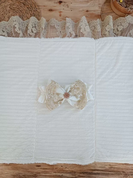 Yenidoğan Beyaz Wool Yün Kumaş Taç Nakışlı Trilüks Kundak Bebek Battaniyesi Beyaz - Resim 5