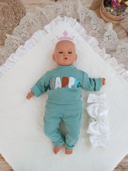 Yenidoğan Wool Yün Kumaş Taç Nakışlı Güpür Duvaklı Fiyonk Prizma Taş Unisex Kundak Bebek Battaniyesi Pembe - Resim 4